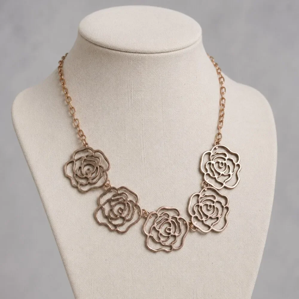 Rose Gold Tone Open Rose Floral Statement Necklace, Flower Bib Necklace